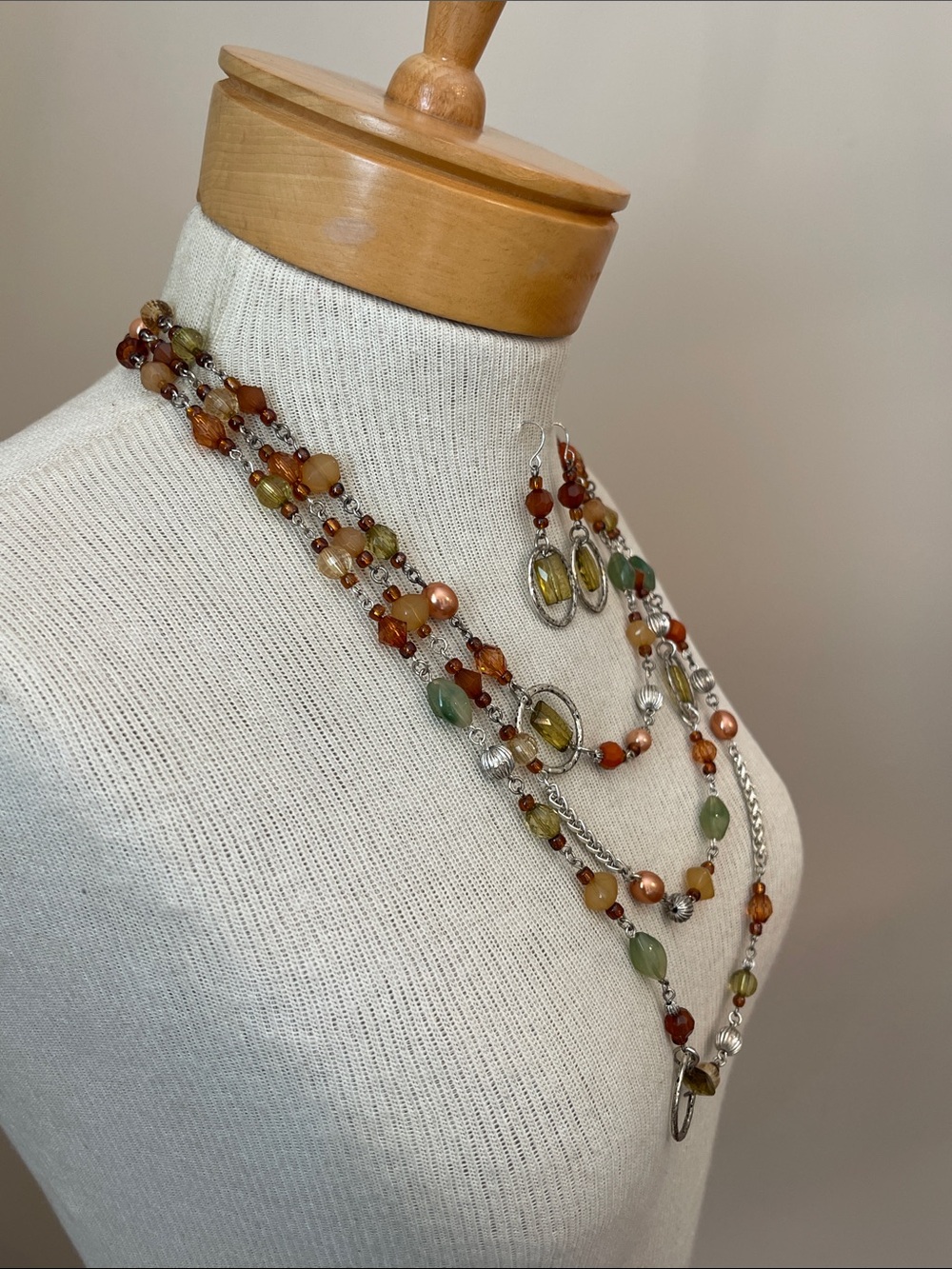 Vintage Style Earth-toned Multi-Strand Beaded Necklace with Earrings - Bohemian - Picture 9 of 15